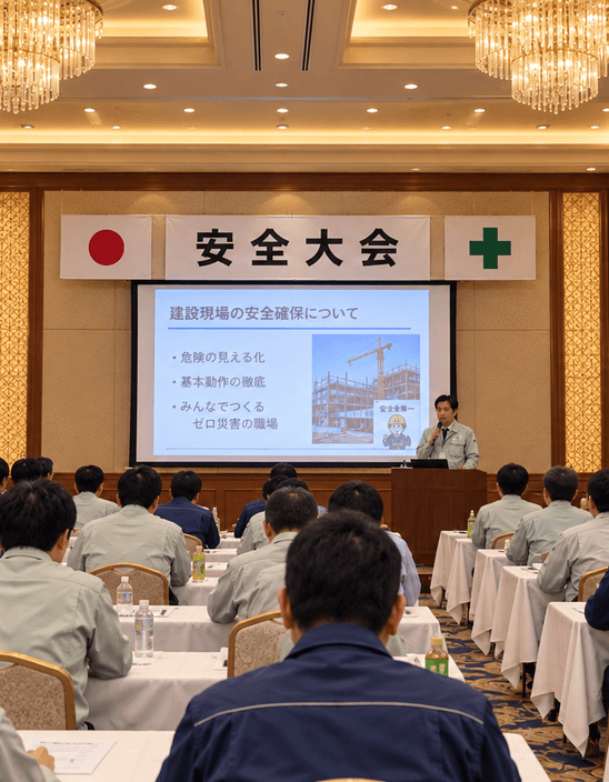 ホテルの宴会場で作業服姿の社員と協力業者が登壇者の話を聞く安全大会の様子