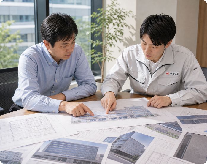 図面を見ながら打ち合わせをする担当者